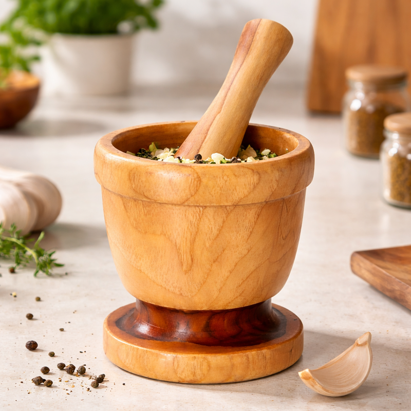 Wooden Mortar and Pestle Set | Handcrafted Spice Grinder and Herb Crusher for Kitchen Use - Image 2 of 7