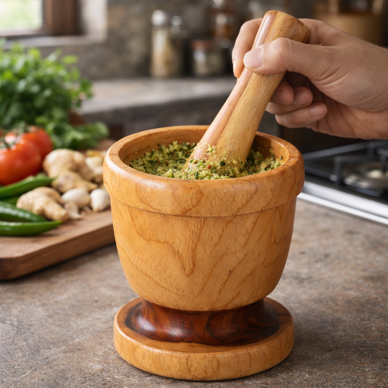 Wooden Mortar and Pestle Set | Handcrafted Spice Grinder and Herb Crusher for Kitchen Use - Image 6 of 7