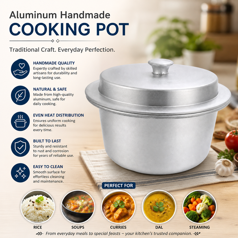 Traditional Handmade Aluminium Rice Cooking Pot with Lid | Heavy Duty Indian Handi for Daily Cooking - Image 7 of 7