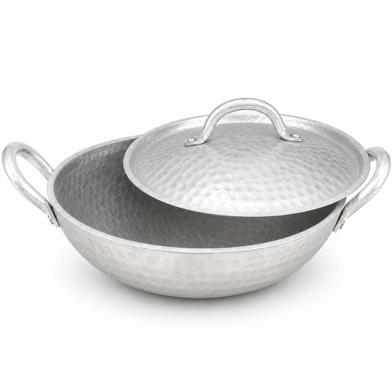 Hand Hammered Aluminium Kadai with Lid | Traditional Deep Cooking Pan with Dual Handles - Image 2 of 7