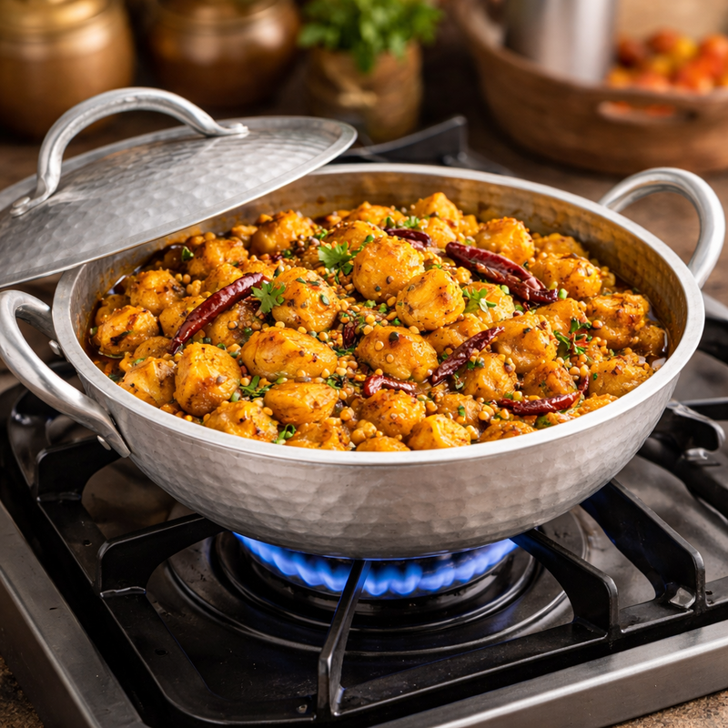 Hand Hammered Aluminium Kadai with Lid | Traditional Deep Cooking Pan with Dual Handles - Image 6 of 7