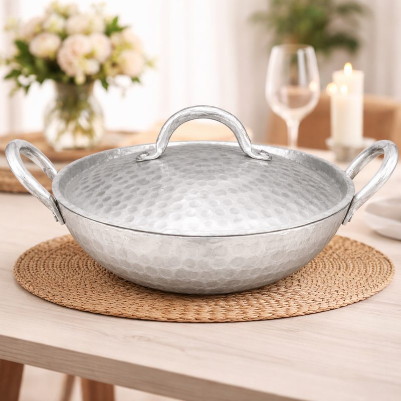 Hand Hammered Aluminium Kadai with Lid | Traditional Deep Cooking Pan with Dual Handles - Image 7 of 7