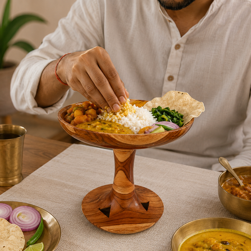Handcrafted Wooden Standing Pedestal Serving Plate for Lunch Dinner Snacks and Fruits - Image 3 of 8