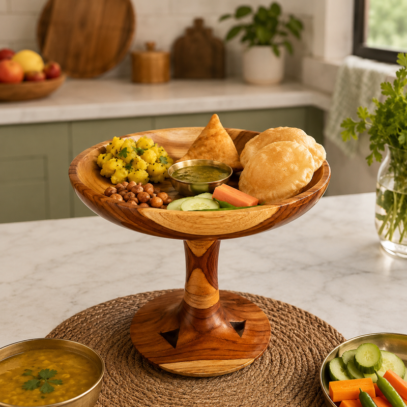 Handcrafted Wooden Standing Pedestal Serving Plate for Lunch Dinner Snacks and Fruits - Image 5 of 8