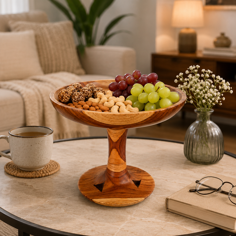 Handcrafted Wooden Standing Pedestal Serving Plate for Lunch Dinner Snacks and Fruits - Image 6 of 8