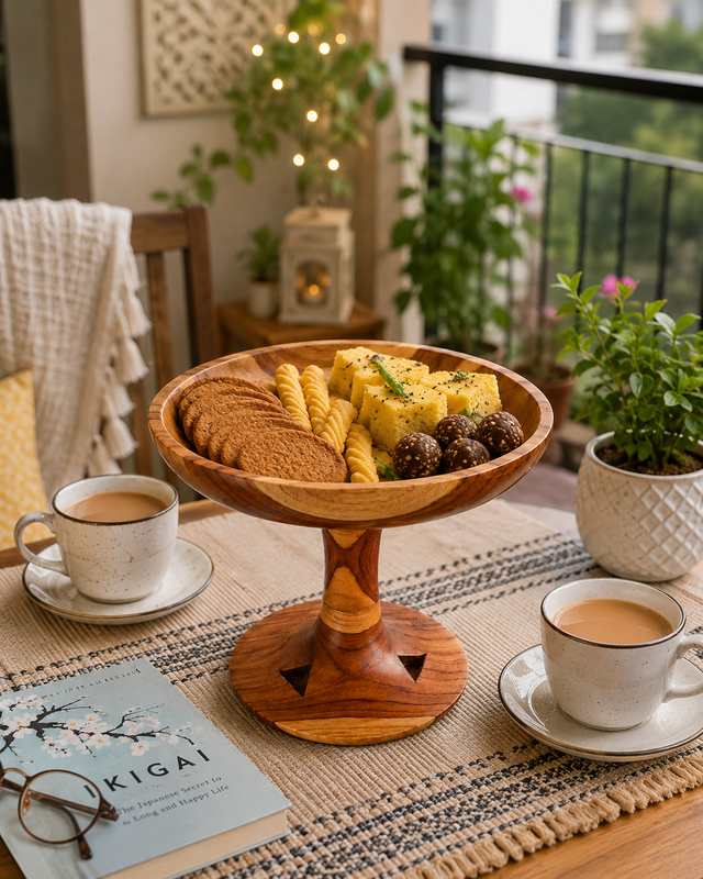 Handcrafted Wooden Standing Pedestal Serving Plate for Lunch Dinner Snacks and Fruits - Image 7 of 8