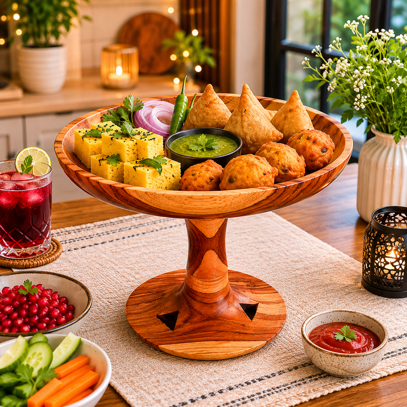 Handcrafted Wooden Standing Pedestal Serving Plate for Lunch Dinner Snacks and Fruits - Image 8 of 8