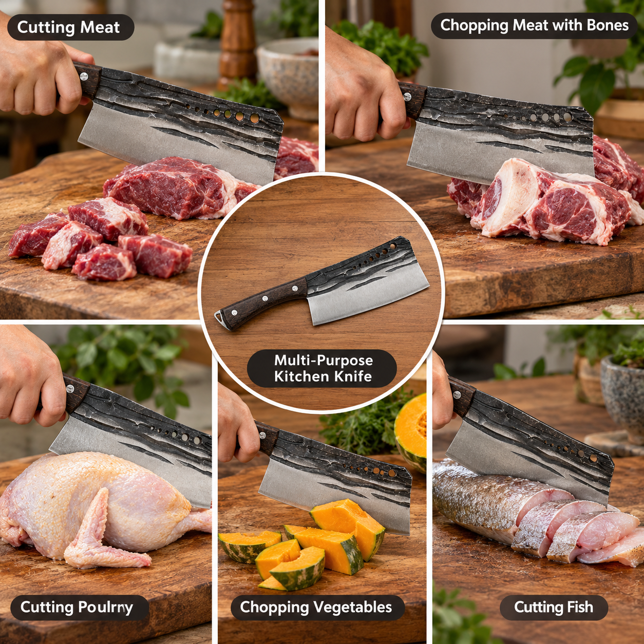 Multi Purpose Kitchen Knife Meat Cleaver with Wooden Handle - Image 4 of 8